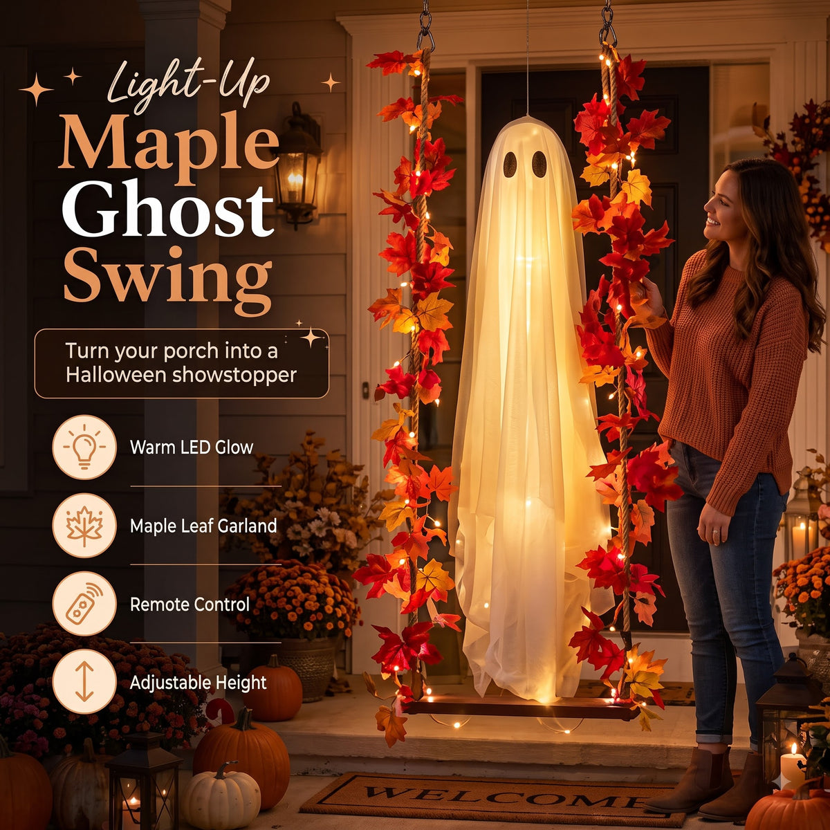 Cervual Halloween - 👻Free Shipping🍁Light-Up Maple Ghost Swing Halloween Decoration